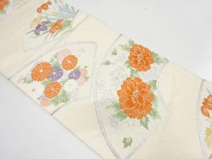 扇面に牡丹・菊・菖蒲模様織り出し袋帯